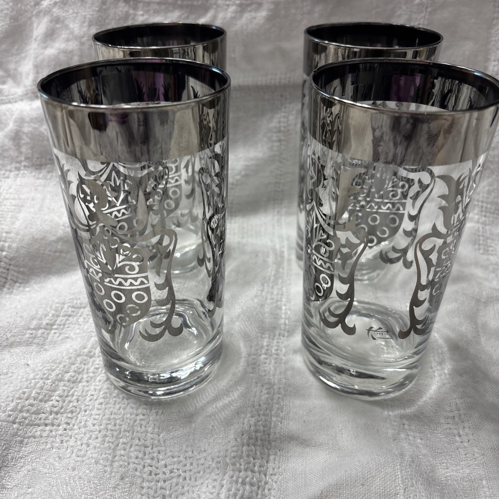 1960's Kimiko Silvercrest Knight Coat Of Arms Tumbler Highball Glasses Set 4